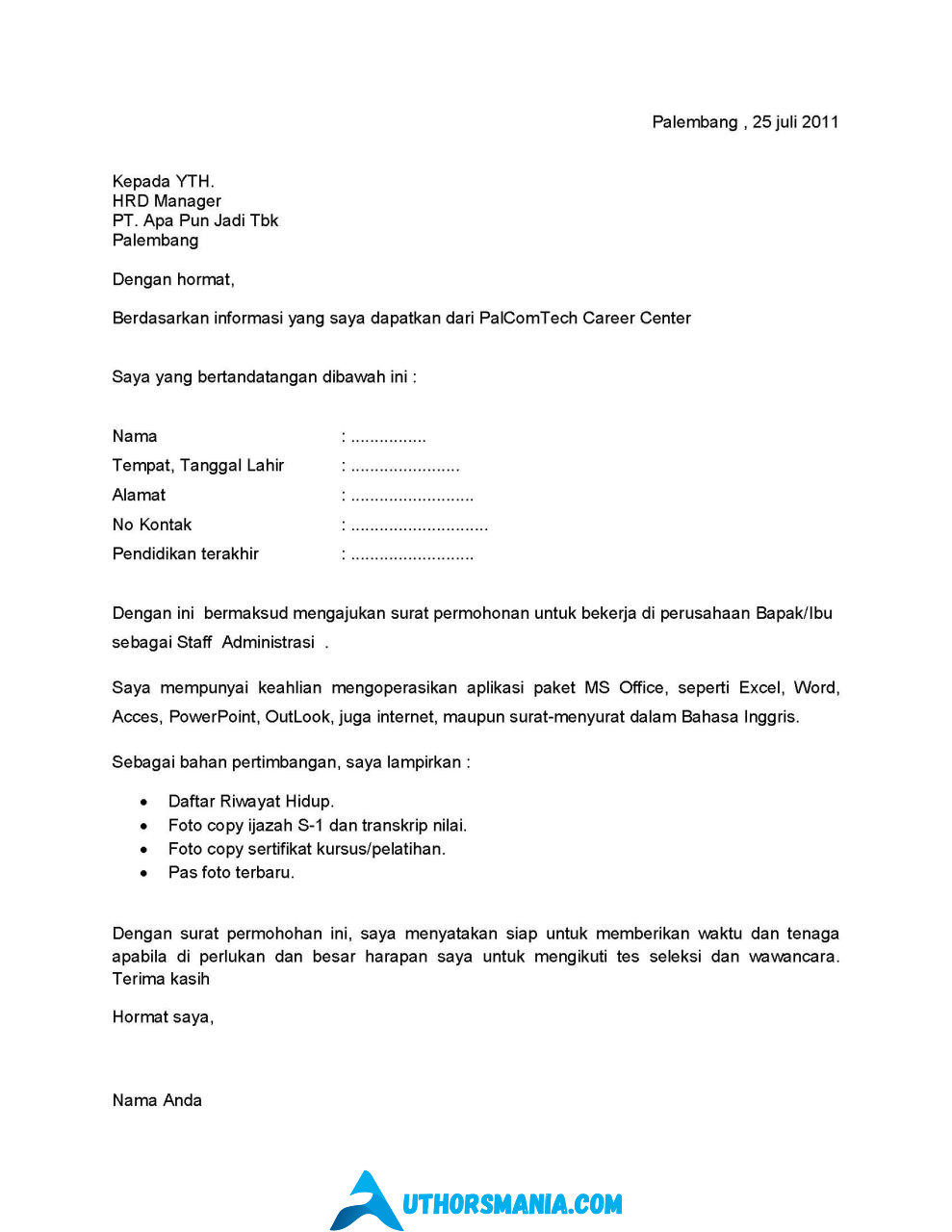Format Surat Lamaran Kerja Bahasa Indonesia